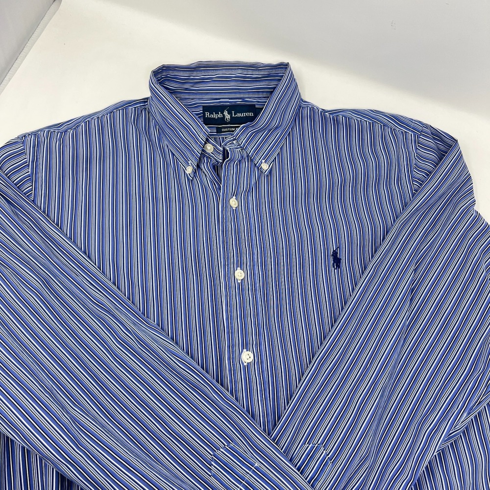 Ralph Lauren Men's Custom Fit Button Up Dress Shirt Blue Stripe Large